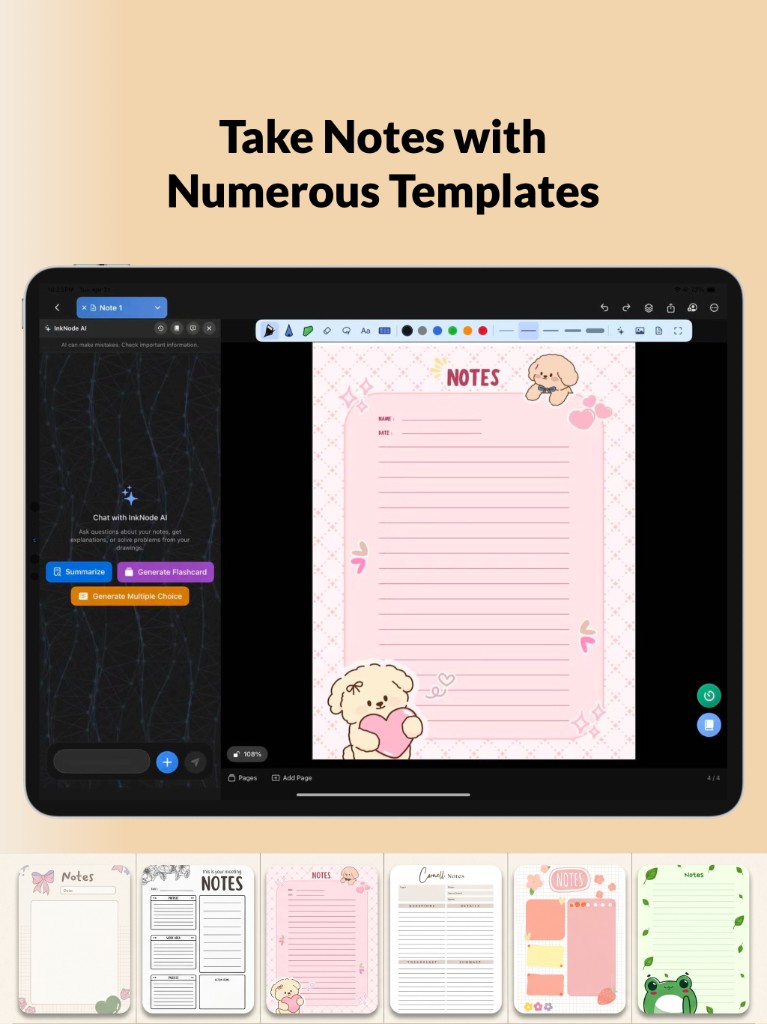 InkNode note editor showing templates and AI sidebar