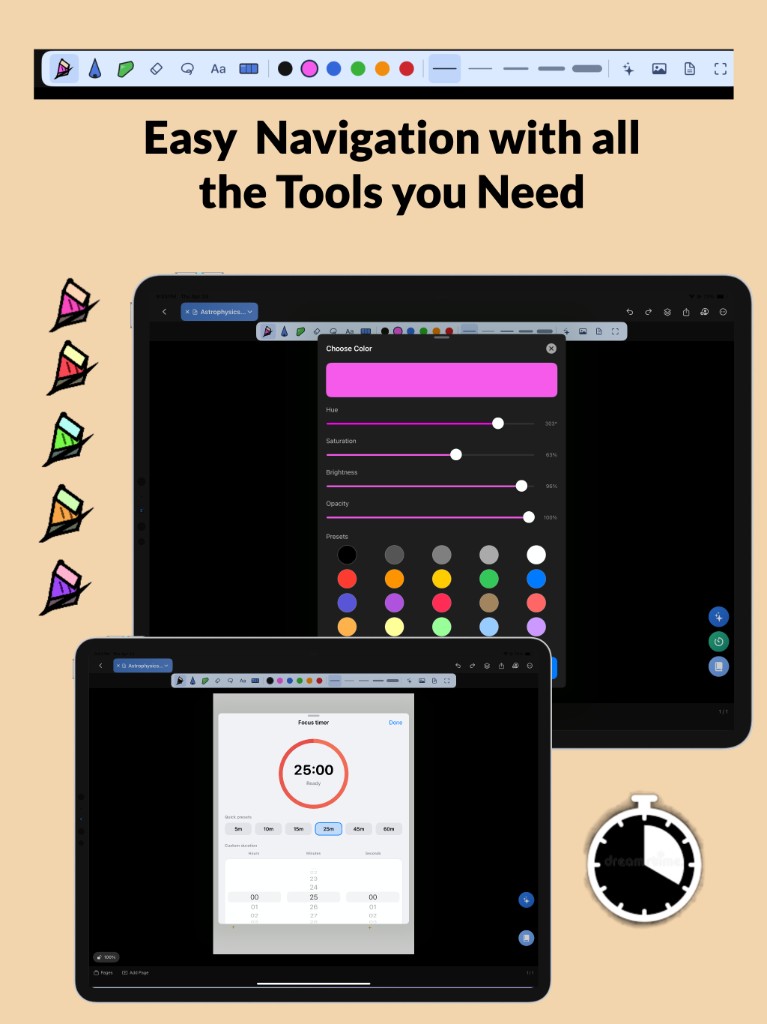InkNode toolbar, color controls, and focus timer on iPad